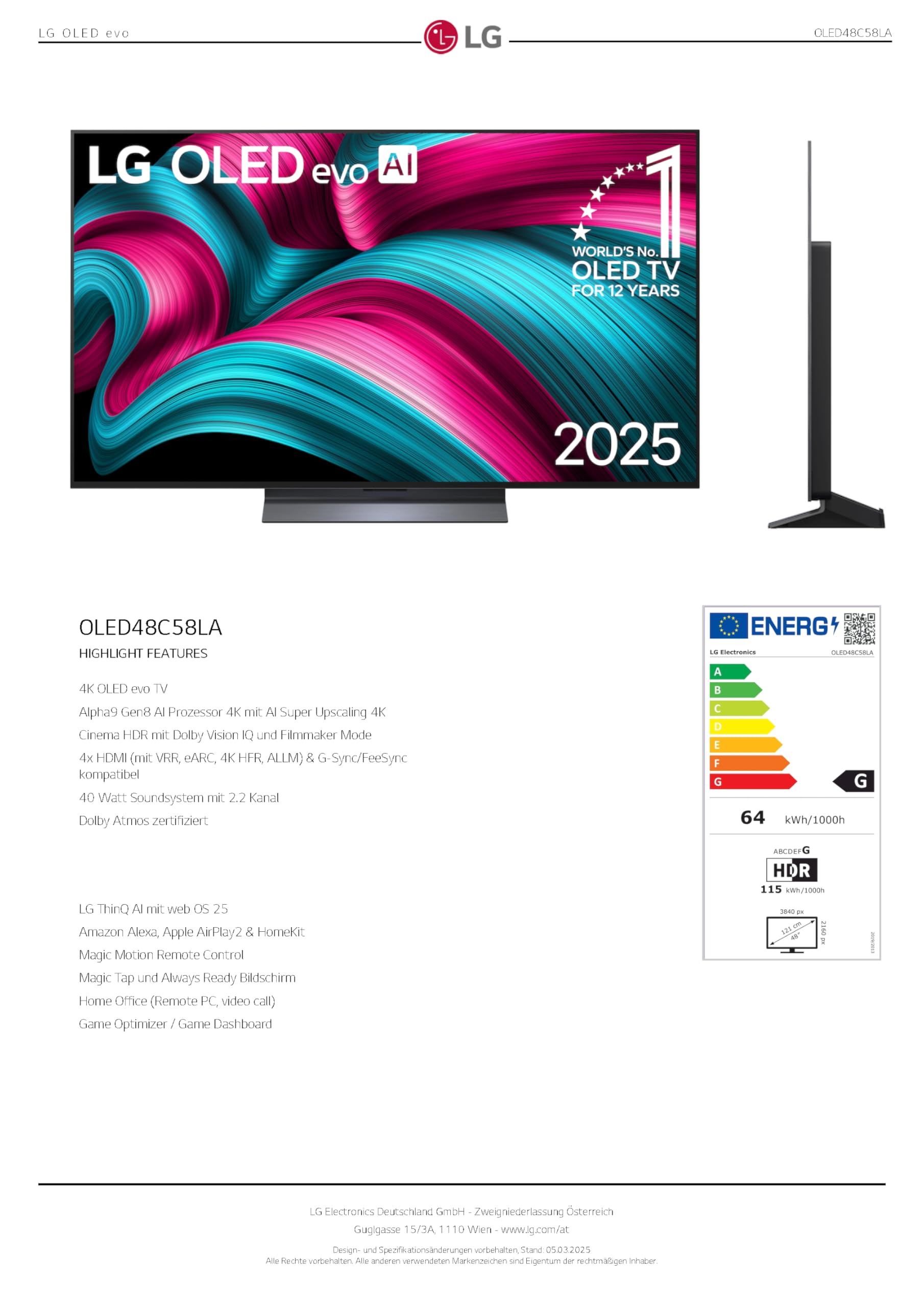 LG OLED EVO 48C58LA 48 Zoll Fernseher, 4K Smart TV 120Hz, a9 Gen8 AI Prozessor 4K, WebOS 25