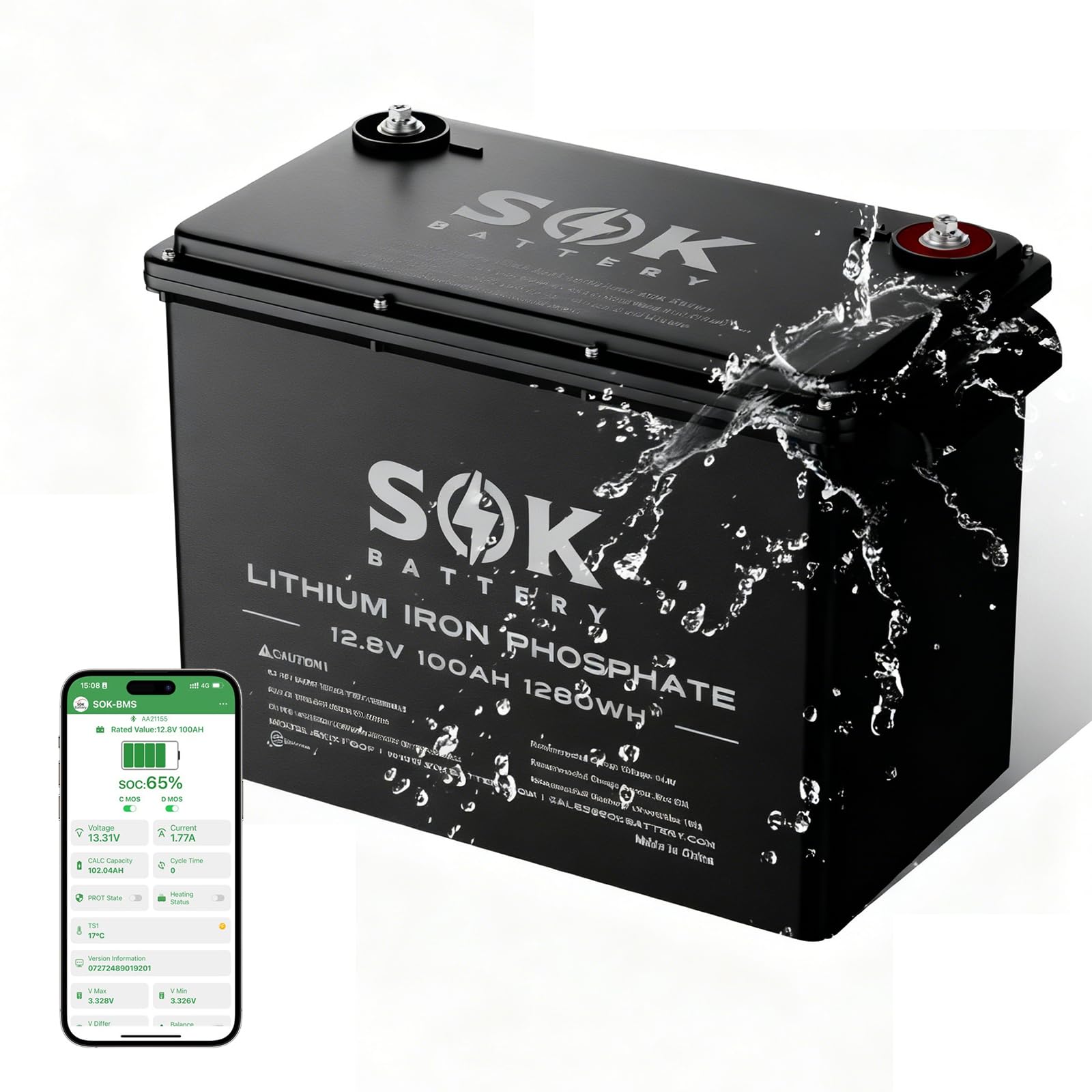 SOK Battery 12V 100Ah LiFePO4 Trolling Motor Battery - IP65 Waterproof Marine Battery with Smart BMS | Bluetooth, 8000+ Deep Cycles, 7-Year Lifetime