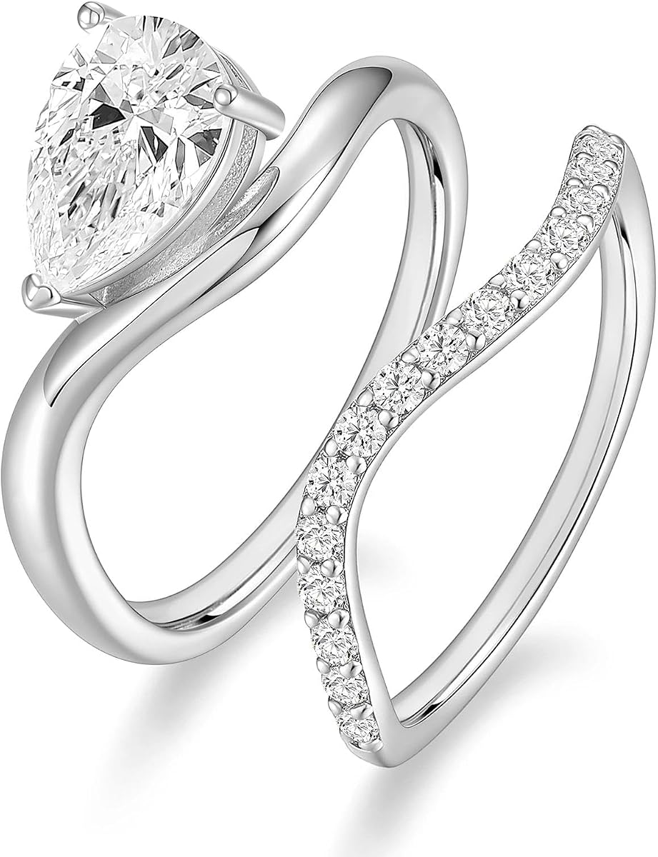EAMTI Wedding Ring Set for Women Teardrop Curved Engagement Rings Size 4-10 | 1.5CT, Cubic Zirconia, CZ, Promise Ring & Wedding Band, Bridal Rings Set, Halo, Pear Cut, White Gold Plated, Silver, Travel