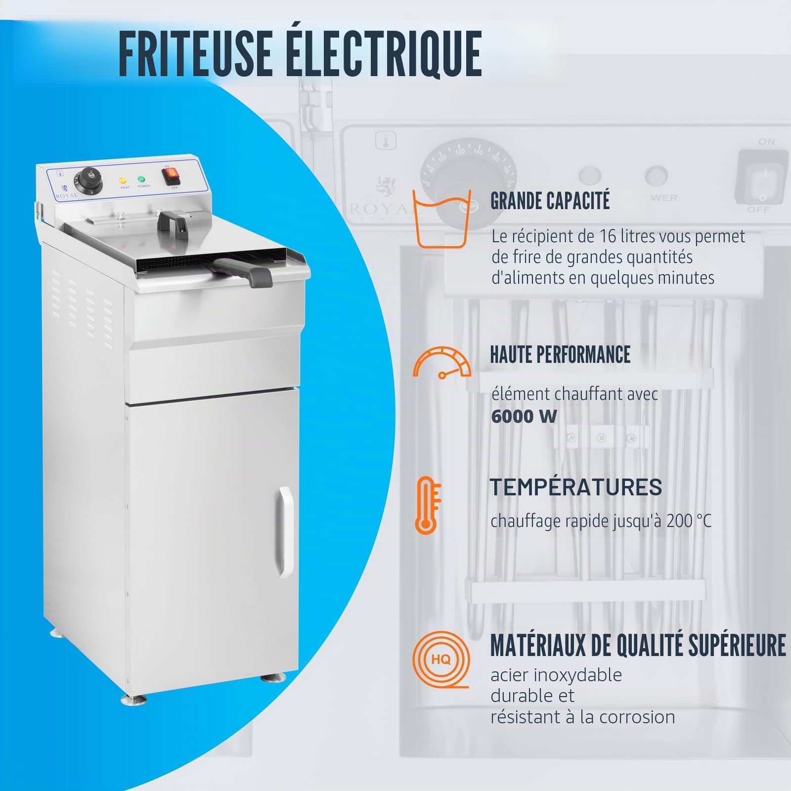 Royal Catering Friteuse avec meuble (16 L, 6000 W, 400 V, 60 – 200 °C, 34 x 53 x 94 cm, acier inoxydable, panier et couvercle)