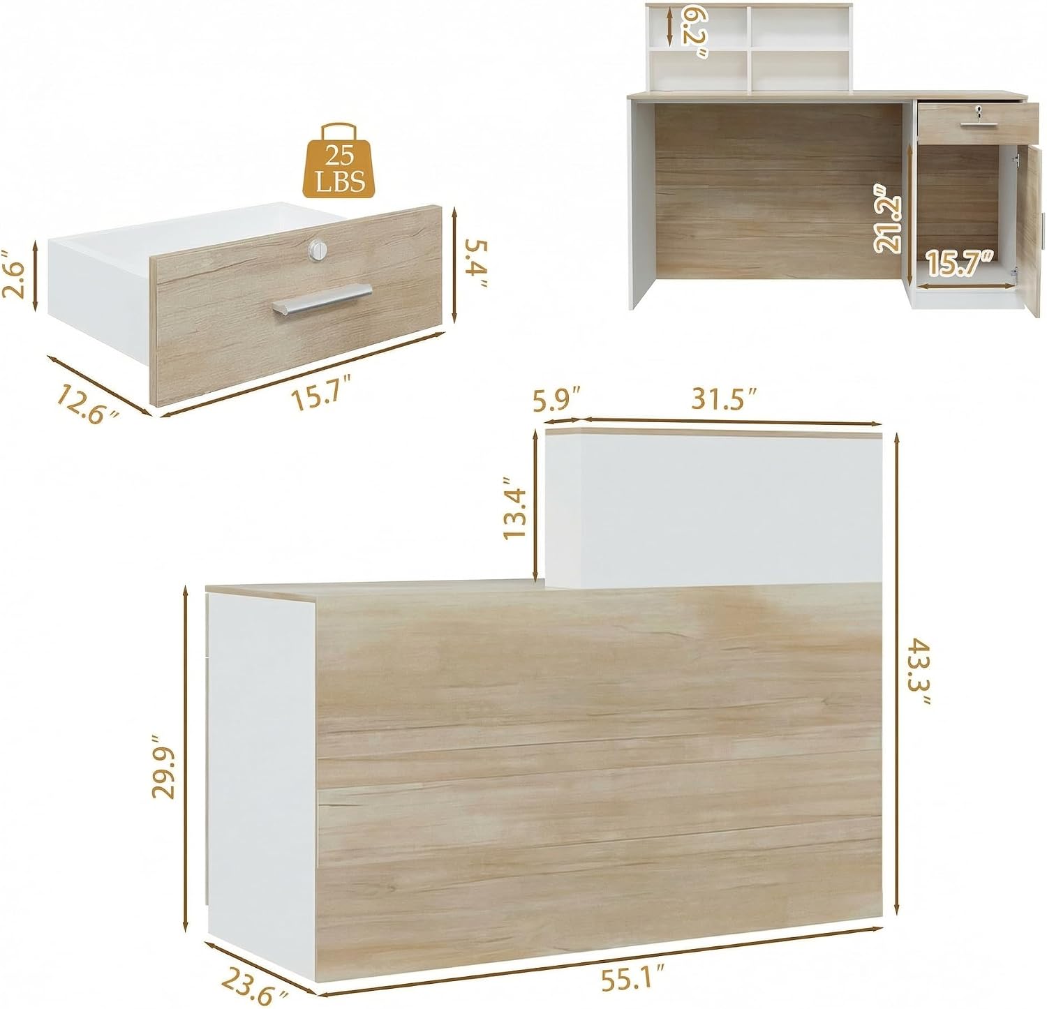 Timechee Modern Reception Desk with Lockable Drawer, Small Business Front Desk with Storage Cabinet and Open Shelves, Office Retail Checkout Counter Table for Stores, Salons (Natural & White)