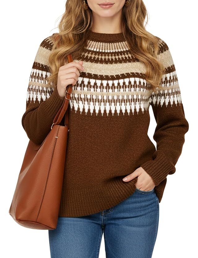 Maxure Womens Fair Isle Sweater Chunky Knit Vintage Crewneck Warm Long Sleeve Casual Sweater for Winter Outerwear