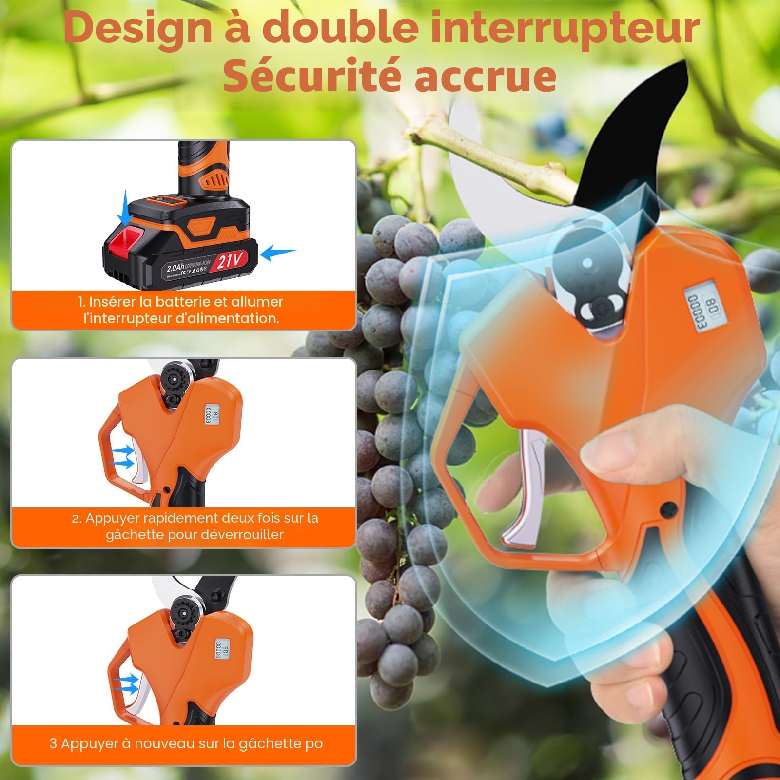 Sécateur Électrique Sans fil 50mm: Sécateur électrique avec Écran avec 2 Batteries de 2.0Ah, 20/30/50mm Sécateur sans fil à Coupe Progressive pour Jardinage, Vigne, Arbre Fruitier