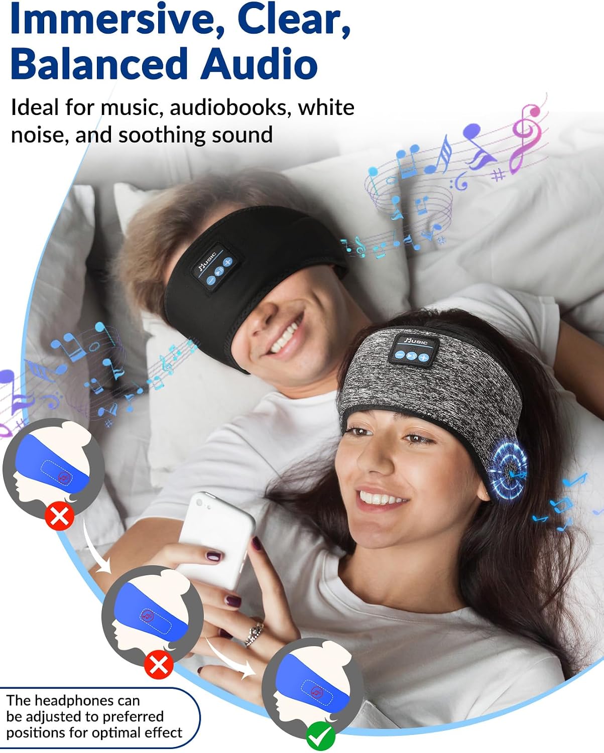 2-Pack Sleeping Headphones, Adjustable Hook-and-Loop, Bluetooth Headband Headphones, Wireless Sports Headband for Running, Yoga, Workout, Meditation, Cool Gadget Tech Gift - Black&Gray