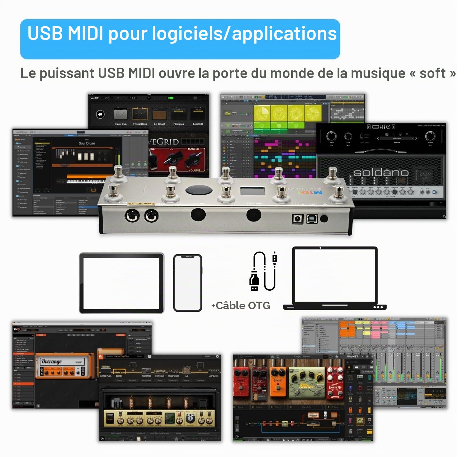 PAINTAUDIO Contrôleur de pied MIDI Captain Multi-Effets Claviers Synthétiseur USB-MIDI Logiciel musical Biais avec fonction Time Engine Prend en charge tous les PC/CC/Note Commander 10 interrupteurs à