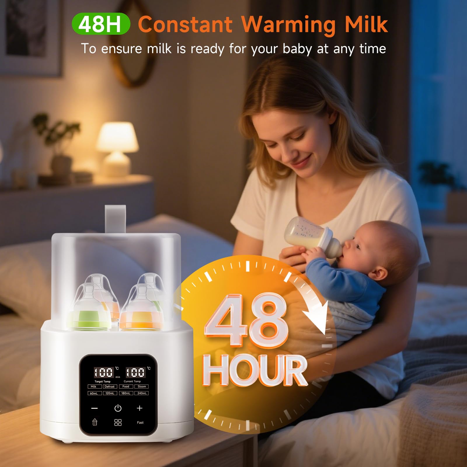 Calentador de biberones, esterilizador de 4 biberones 6 en 1 con pantalla LCD, calentamiento rápido y descongelación para leche materna o fórmula, control inteligente de temperatura de 48 horas, luz