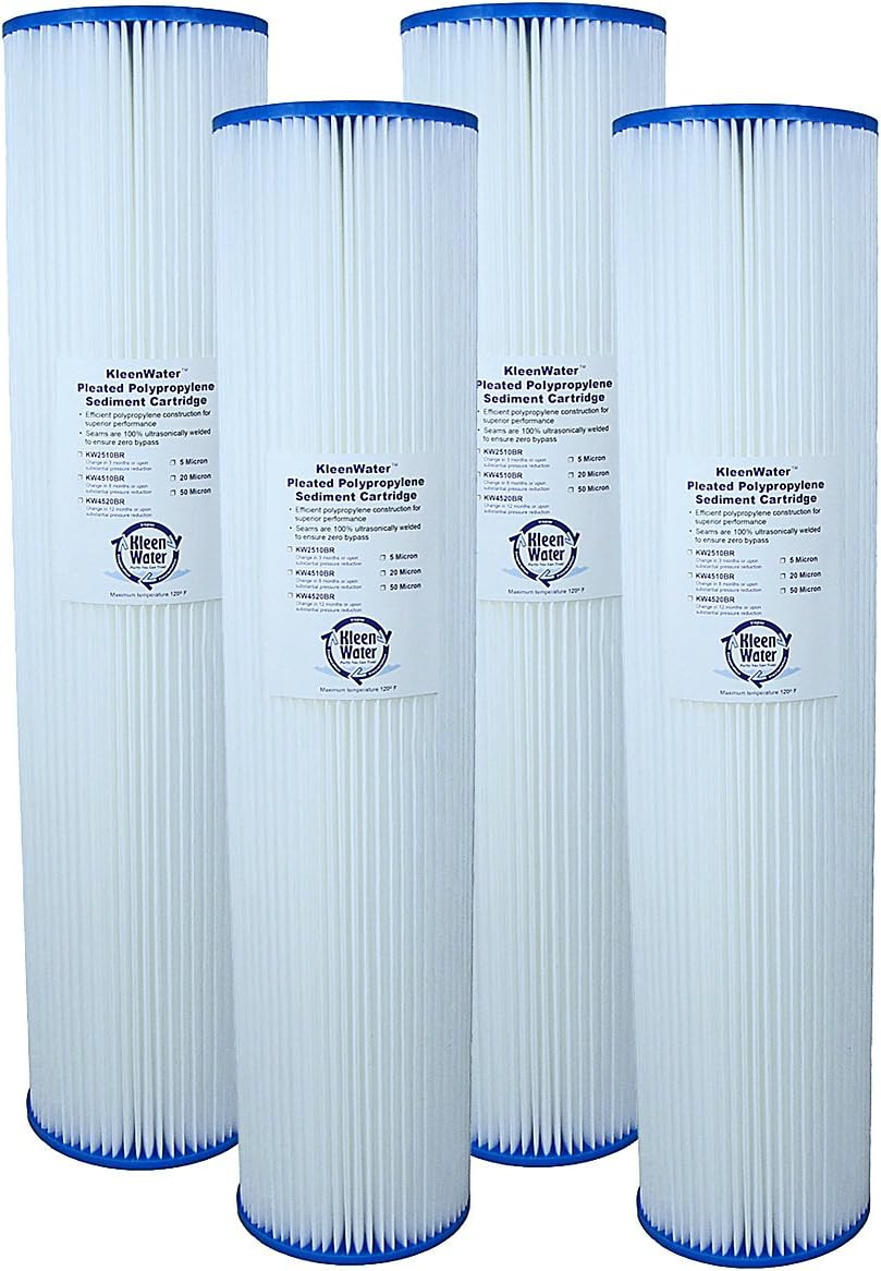 KleenWater KW4520BR Pleated Dirt Rust Sediment Water Filters, Whole House Replacement Cartridges, 4.5 x 20 Inch 5 Micron, Made in USA, Set of 4