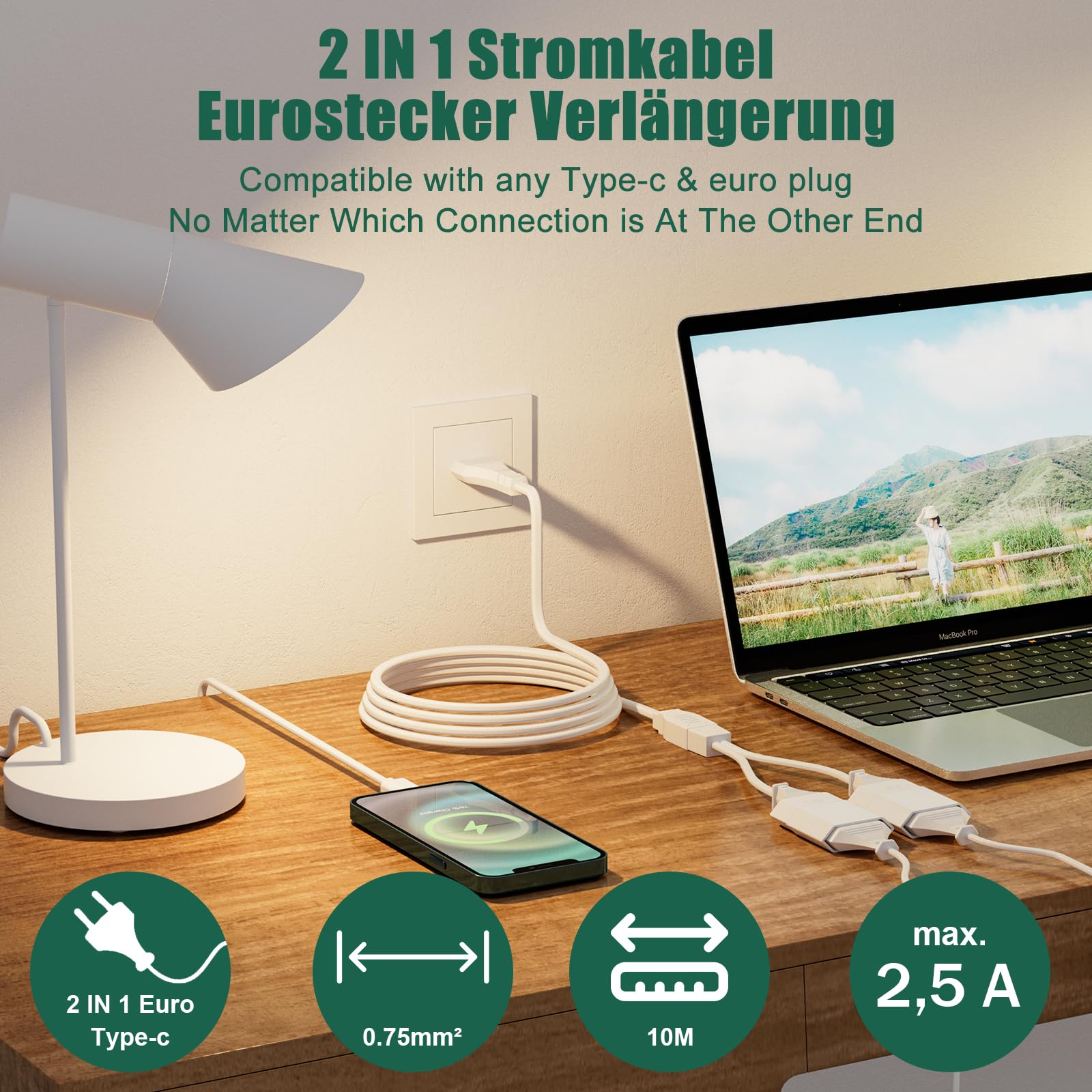 Stromkabel Verlängerung mit Flachstecker, 10M Stromkabel Verlängerung Netzkabel,2 in 1 Typ-C Eurostecker auf Eurobuchse, 0.75mm²Max. 2,5A/250V für Zuhause, TV, Weiß
