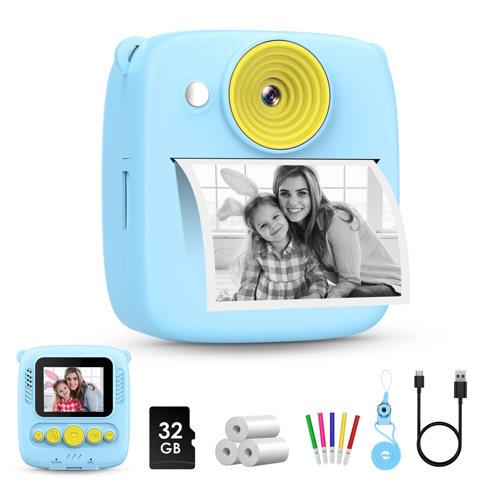 Gofunly Macchina Fotografica Bambini Istantanea, 1080P 2.0 Pollici Fotocamera Digitale Bambini con 32GB Scheda e Carta Fotografica, Regali di Natale Compleanno per 3 4 5 6 7 8 9 10 Ragazze Ragazzida