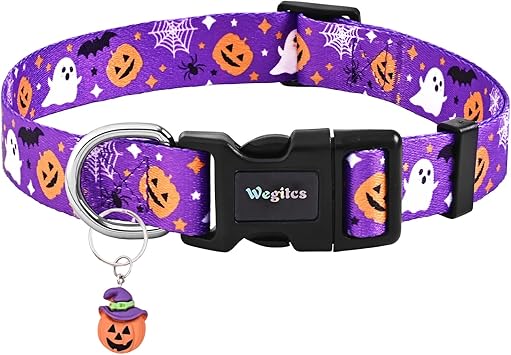 Halloween Dog Collar, Purple Pumpkin Ghost Dog Collars, Soft Adjustable Fall Puppy Collar with Cute Pendant, Heavy-Duty Halloween Holiday Pet Collar for Small Medium Large Dogs-Medium