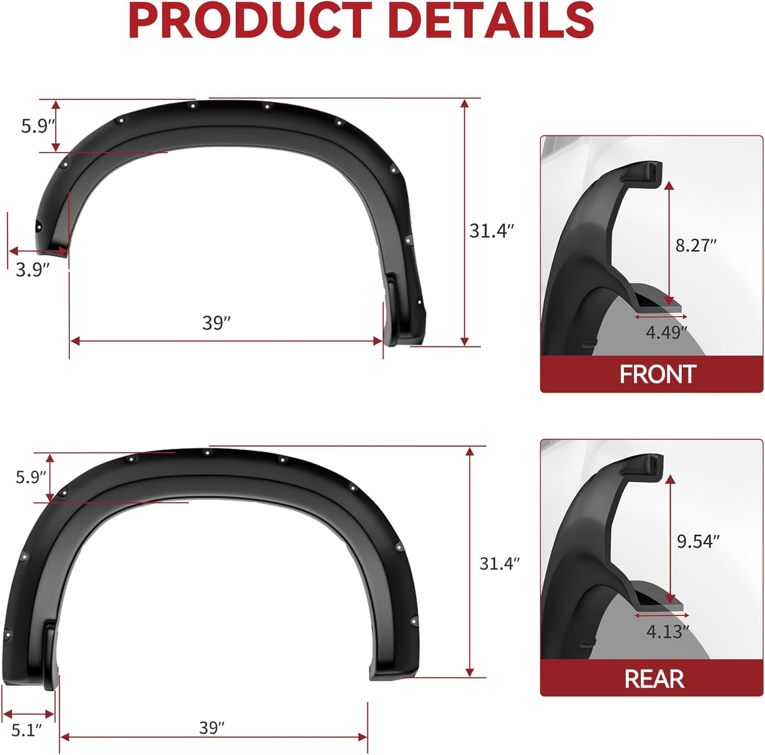Detailed dimensions of front and rear fender flares