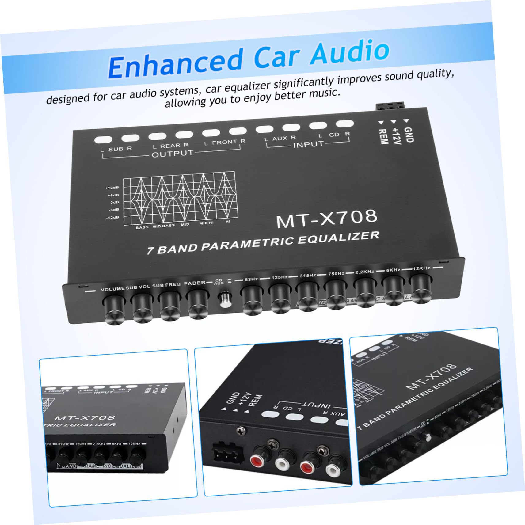 LIFKOME Ecualizador de Coche Diseño Compacto de 7 Bandas y Estructura Metálica Mejora la Calidad de Sonido en Sistemas de Audio para Automóvil