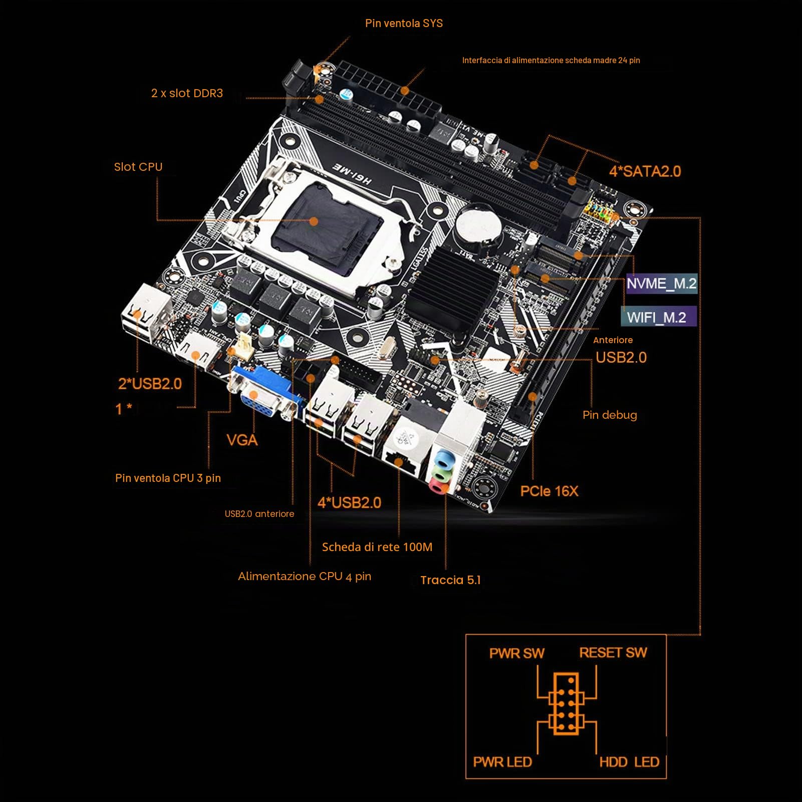 VBESTLIFE Scheda Madre H61-ME Mini ITX con Slot CPU LGA1155, Slot di Memoria DDR3 a Doppio Canale, con VGA HDMI e 10 Interfacce USB 2.0
