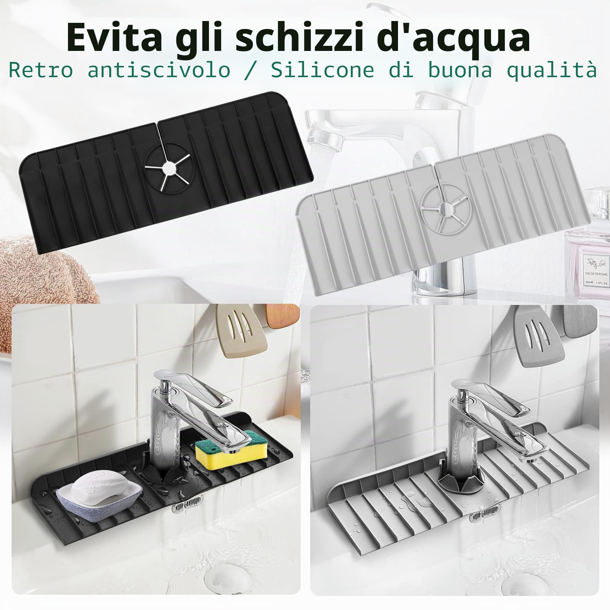 2 Pz Tappetino per Rubinetto in Silicone, Paraspruzzi per Lavello da Cucina, zrubinetto da cucina e bagno, per asciugare controsoffitti per proteggere utensili da cucina e accessori(Nero/grigio)