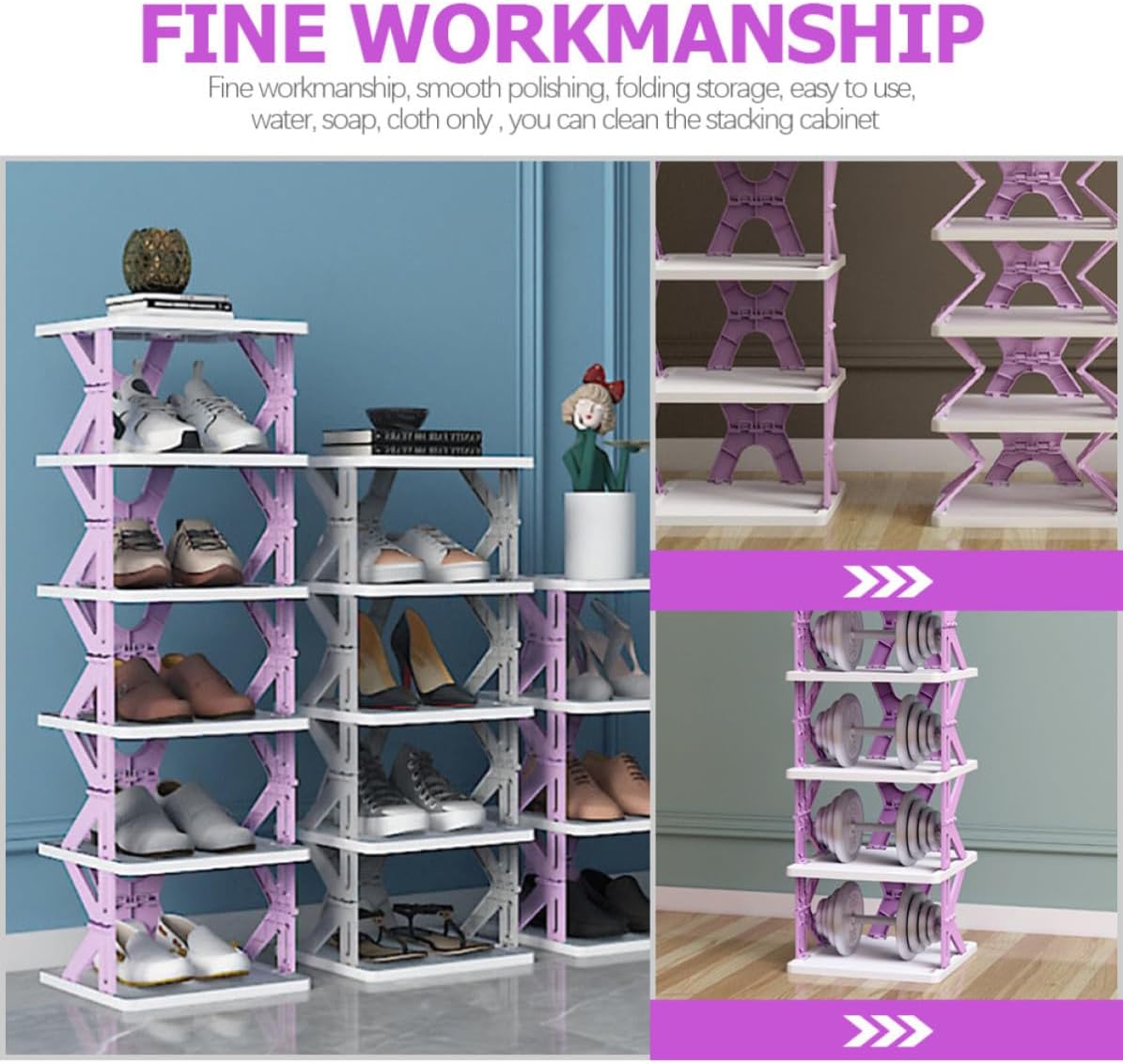Purple Folding Shoe Organizer Rack, Multi-Layer Plastic Shoe Shelf with Space Saving Design, Portable and Firmly Placed Storage Solution for Dormitory or Room