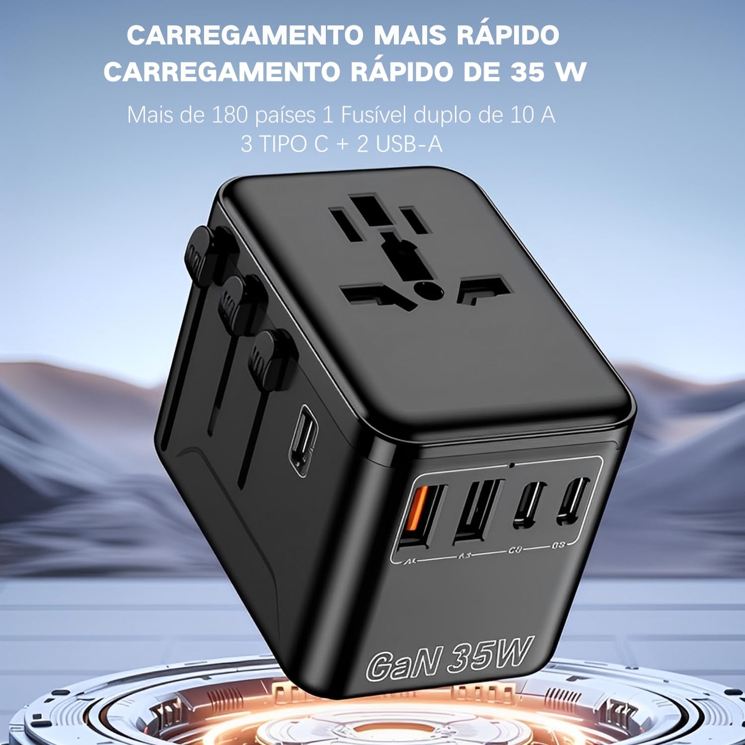 Carregador de Viagem Universal com 3 USB-C + 2 USB-A, Adaptador para 180+ Países, 35W, Preto - Compatível com PD/QC/PPS, 6 Dispositivos Simultâneos