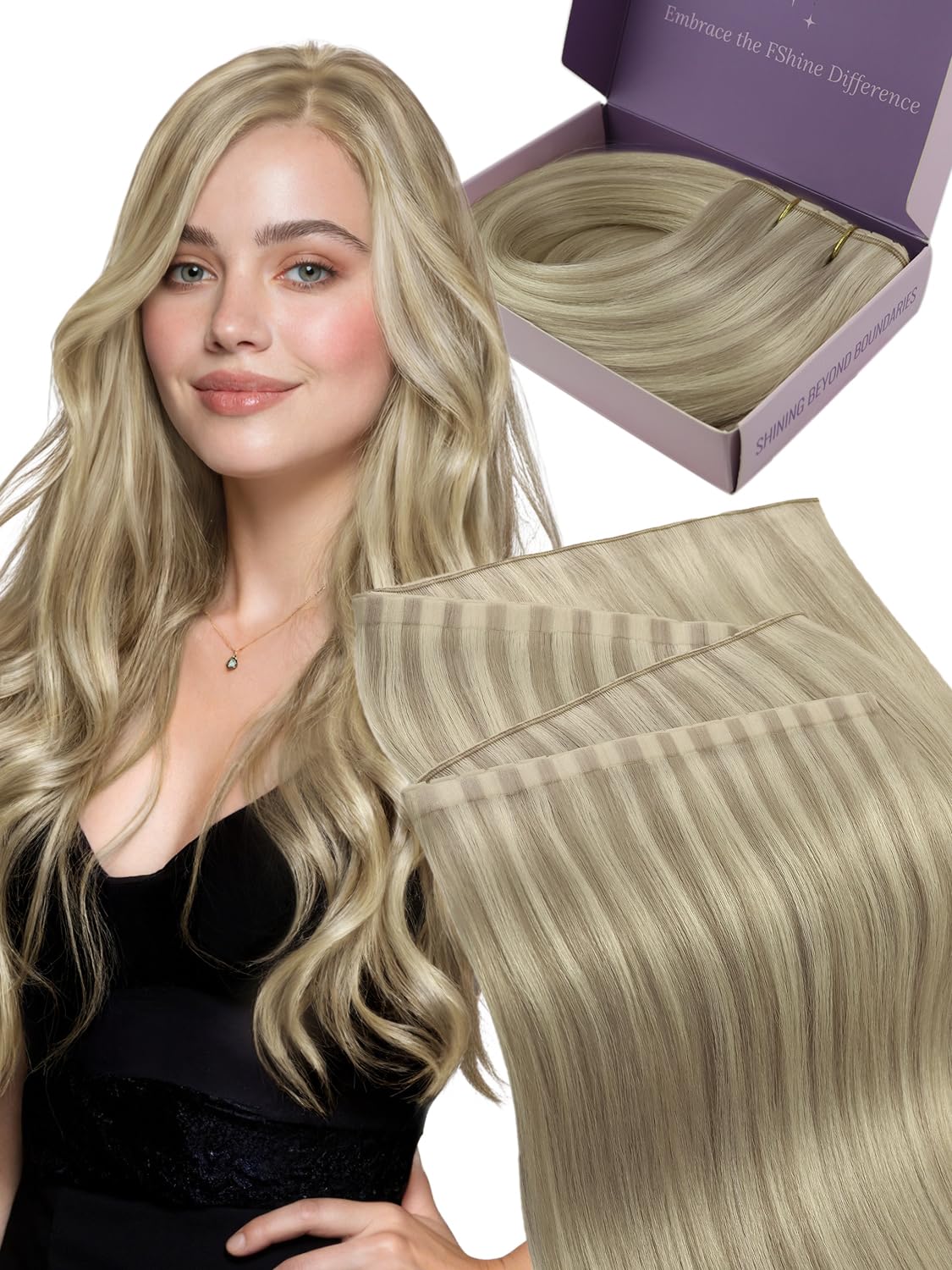 Fshine Extensions Echthaar Tressen Aschblond mit Hellblonden Strähnen Butterfly Weft 40 cm 80 g Haarverlängerung Echthaar Tressen für Nahtlose Integration Farbe 16P22