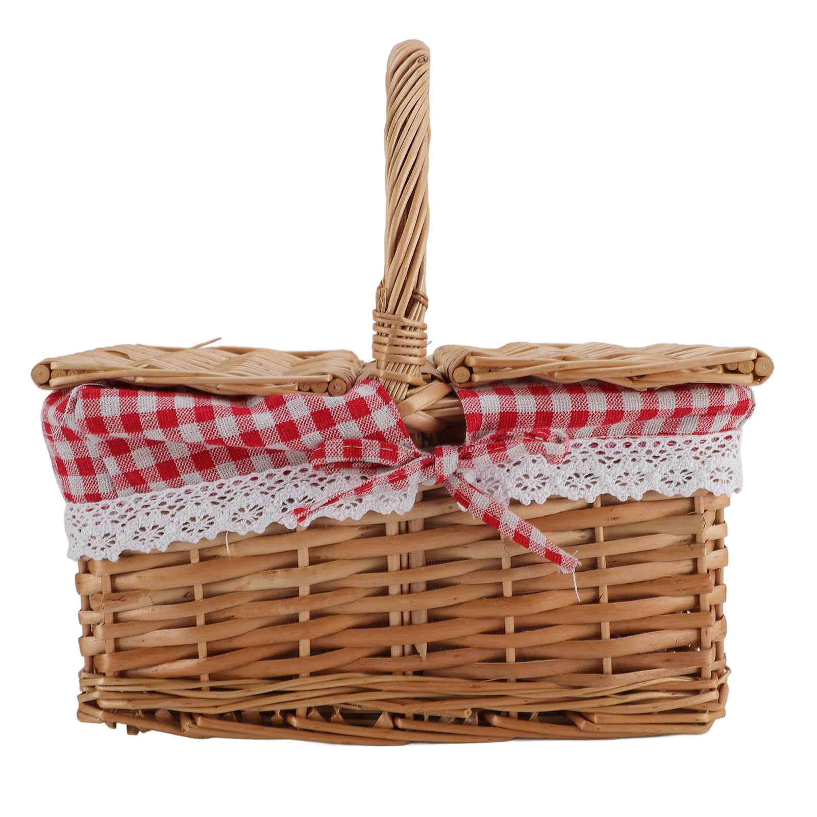 Denash Cesto in Vimini Intrecciato a Mano Eleganti Dettagli in Pizzo per Campeggio Escursionismo Frutta Fiori Cestino da Picnic in Cotone e Lino (Plaid rosso)