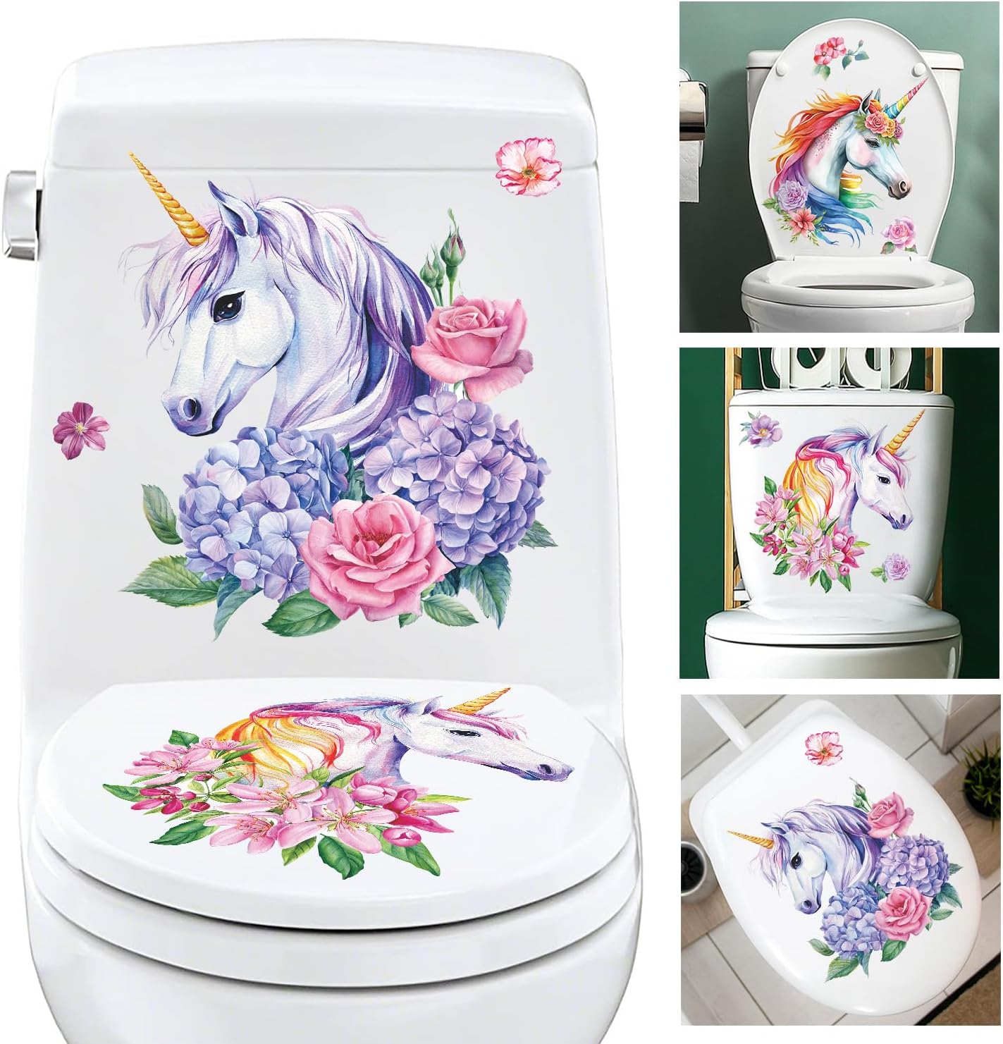 3 Pcs Unicorn Wall Decals Removable Unicorn Flower Toilet Lid Decal Stickers - Peel and Stick Pink Purple Rose Leaf Wall Art Decor for Girls Nursery Kids Room RW3998
