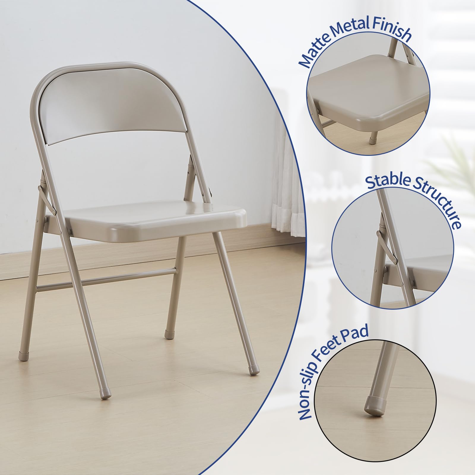 KAIHAOWIN Set 4 Sedia Pieghevole in Metallo, Sedie Pieghevoli Salvaspazioin, sedia pieghevole acciaio, Sedie Pieghevoli da Interno per Riunioni, Ufficio, Feste di Nozze, Eventi, Beige