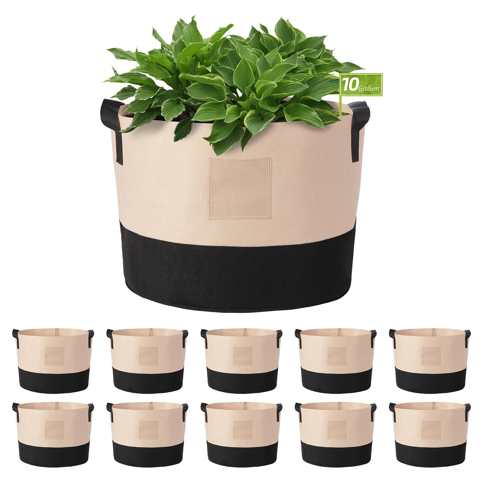 LITLANDSTAR 10 Gallon Plant Grow Bags, 10 Pack Heavy Duty Thickened Nonwoven Fabric Plant Pots with Handles and Label Bags, Fabric Grow Bags for Growing Vegetables Flowers Herbs (Black Mixed Camel)