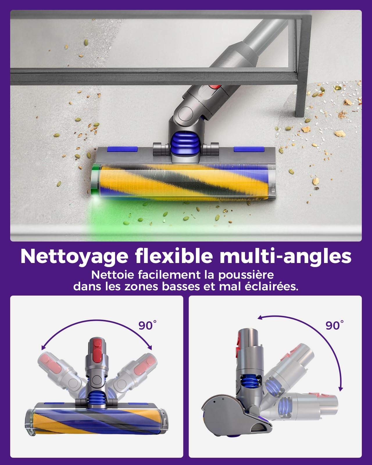 V15 Brosse remplacement,pour Dyson V7 V8 V10 V11 V15, Brosse LED éclairée à lumière verte, Embout de sol anti-ennœudage pour sols durs, Brosse & accessoire de Accessoires pour Dyson