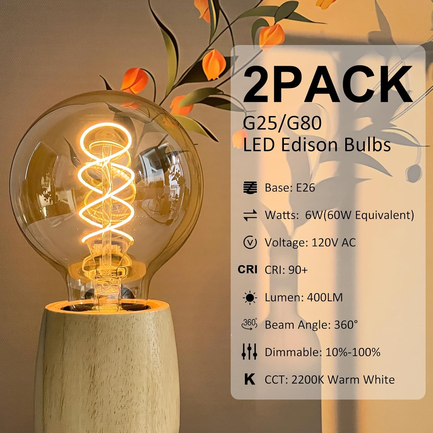 Dimmable Globe LED Vintage Edison Light Bulbs 60W Equivalent, E26 Base G25/G80 6W LED Amber Warm 2200K Edison Light Bulb, 2 PACK Decorative Amber Light Bulbs for Pendant Light/Chandelier/Wall sconces