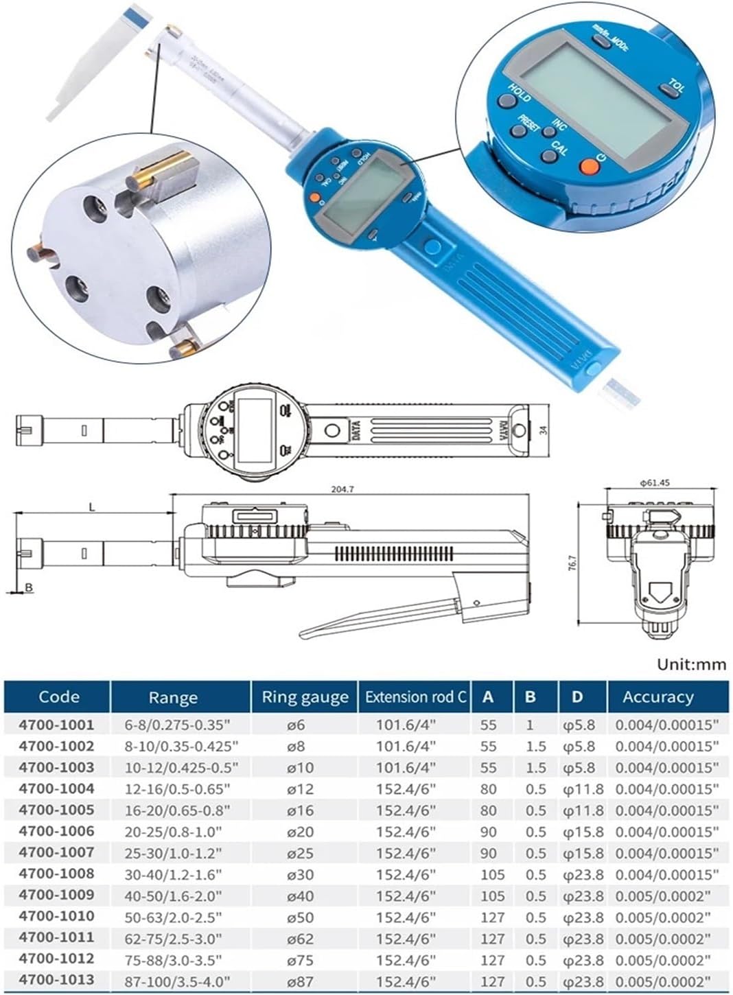 6-8mm Absolute Digital 3Point Snap Open Bore Gauge Micrometer Three Point