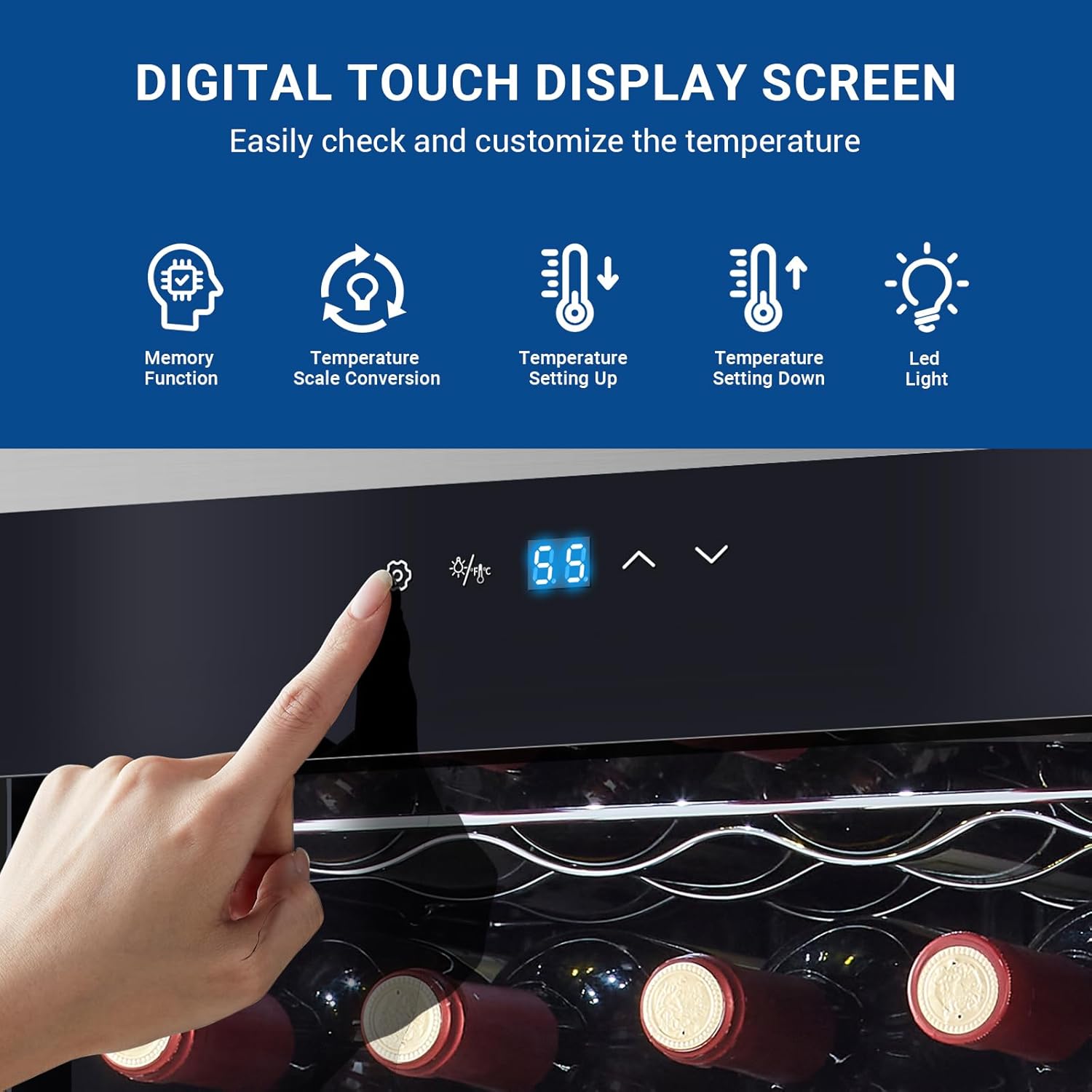 Close-up of the digital touch display screen on the wine fridge