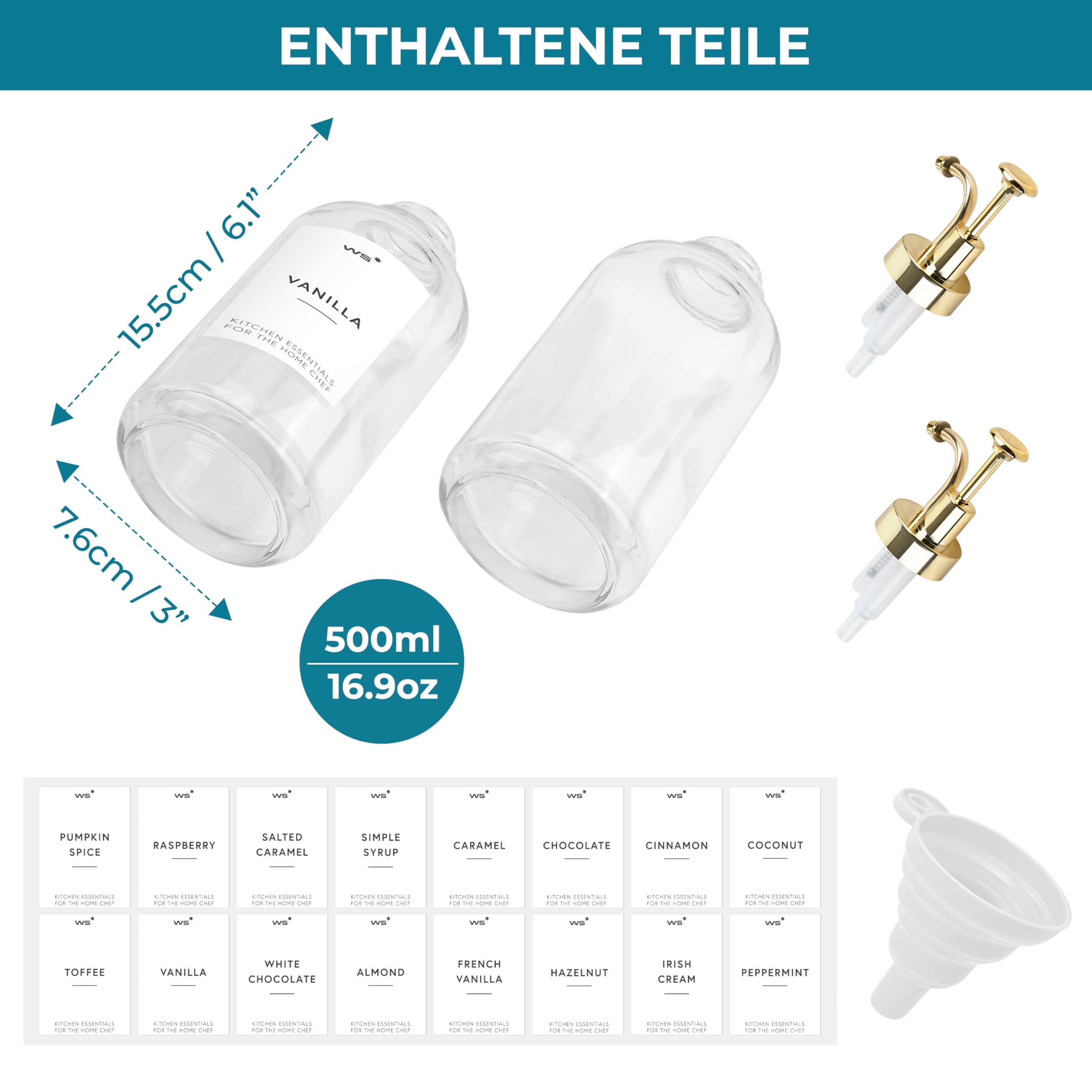 Winter Shore Sirup Pumpspender Glas mit Etiketten (2er-Pack) - Einfacher Sirup Spender Glas - Kaffee Sirup Flaschen - Pumpflasche Glas - Pumpspender Sirup für Kaffeebar
