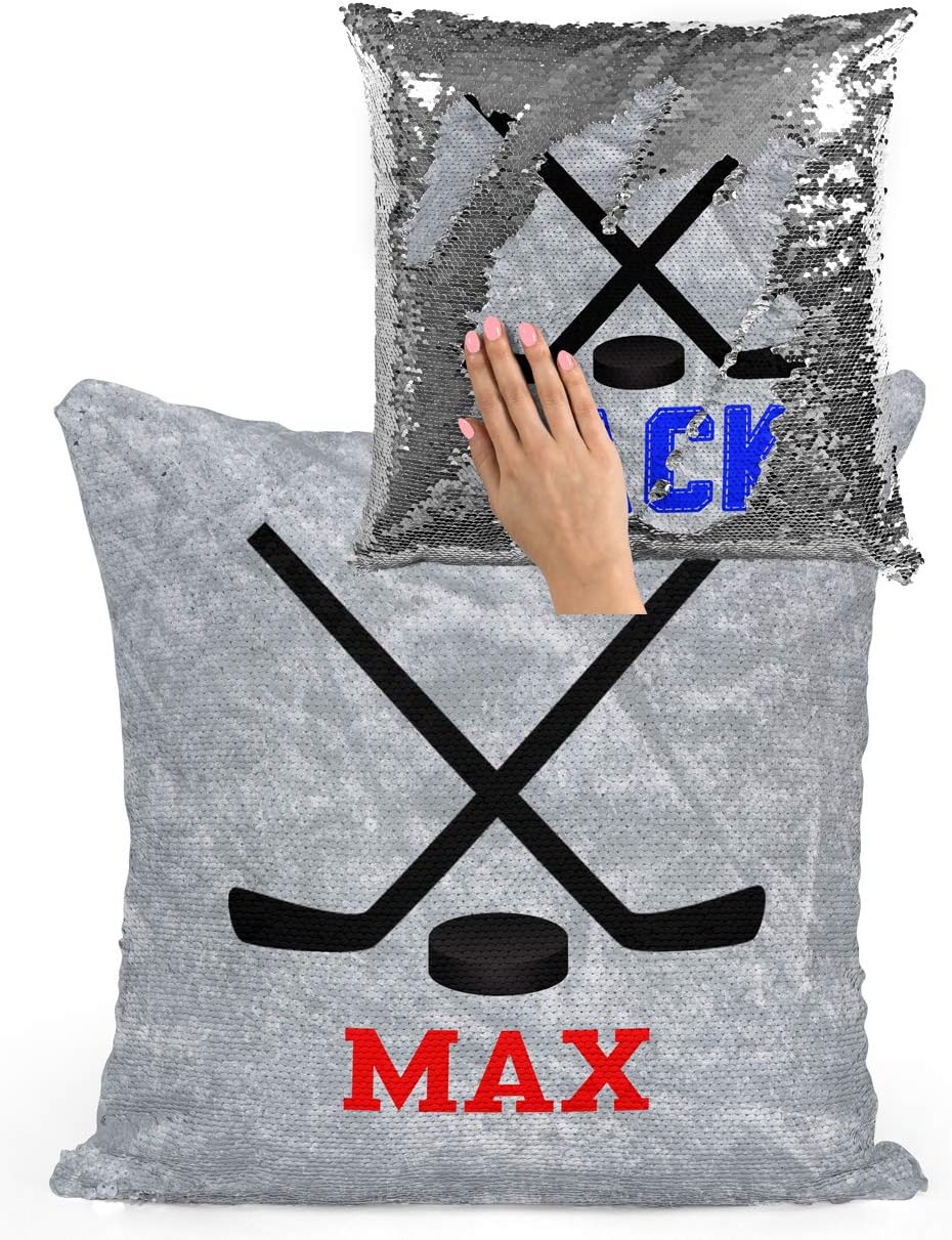 Violet Victoria & Fan Star Personalized Hockey Sticks Sequin Mermaid Flip Pillow Customized with Your Name
