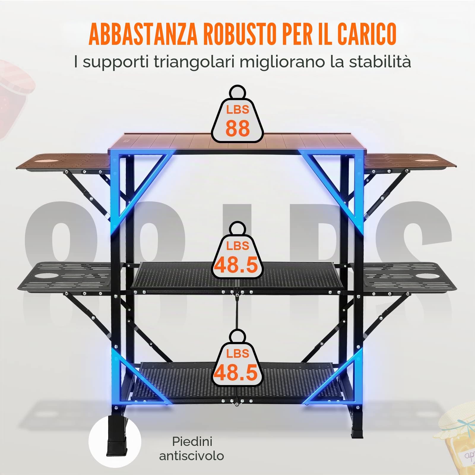 VEVOR Cucina da Campeggio per Cottura BBQ Pieghevole Portatile 2 Ripiani Carico 40 kg Materiale in Alluminio Ferro Dimensioni Estese 126x46x81 cm, Tavolo Pieghevole Portaoggetti da Campeggio per BBQ