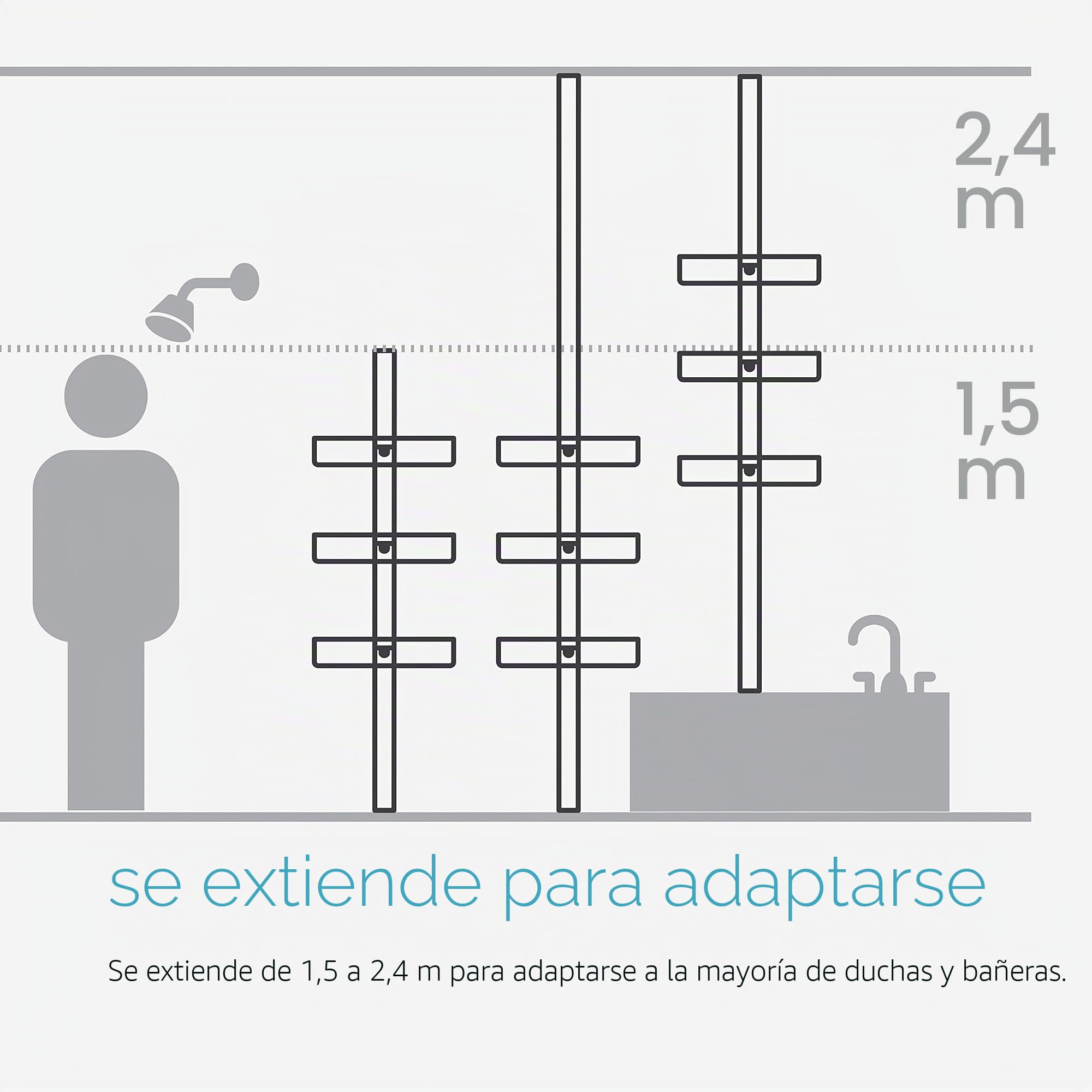 simplehuman BT1109DC - Organizador telescópico de ducha de tensión media, estante esquinero de almacenamiento, se extiende de 1,5 m a 2,4 m, fácil de instalar, sin taladrar, resistente al óxido,