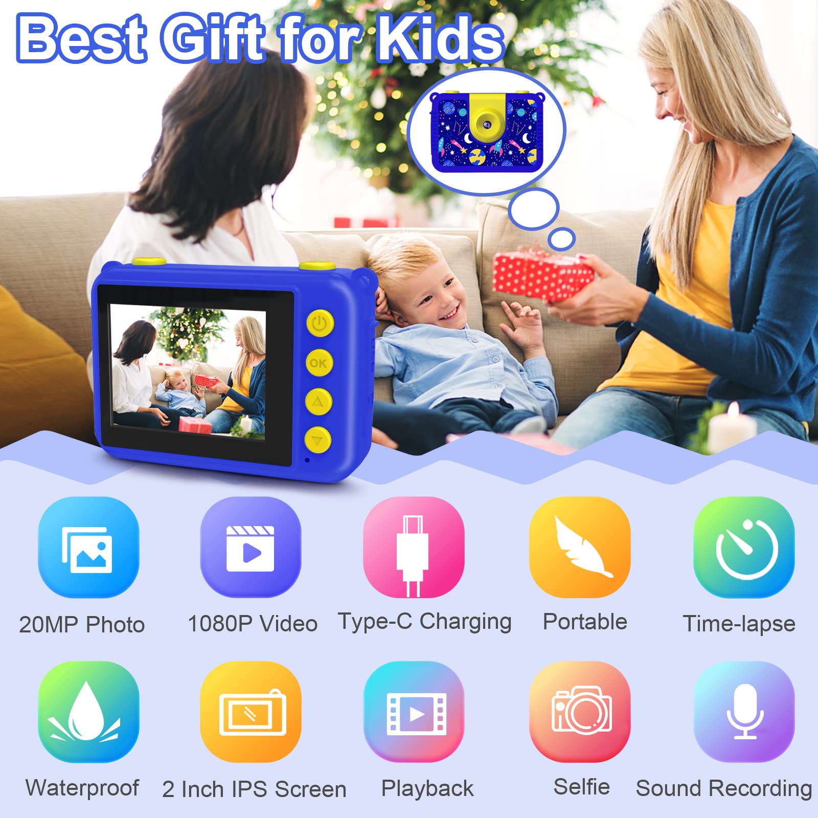 GKTZ Cámara de Fotos Infantil Impermeable, cámara de vídeo de acción submarina Infantil, Regalo de Cumpleaños para Niños y Niñas de 3 4 5 6 7 8 9 10 11 12 Años (Azul Militar)
