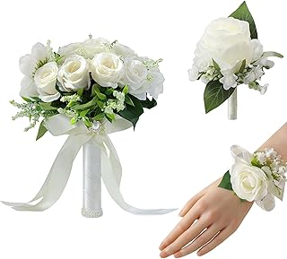 Meldel Ivory Wedding Bouquets for Bride Bridesmaid with Corsage and Bout...