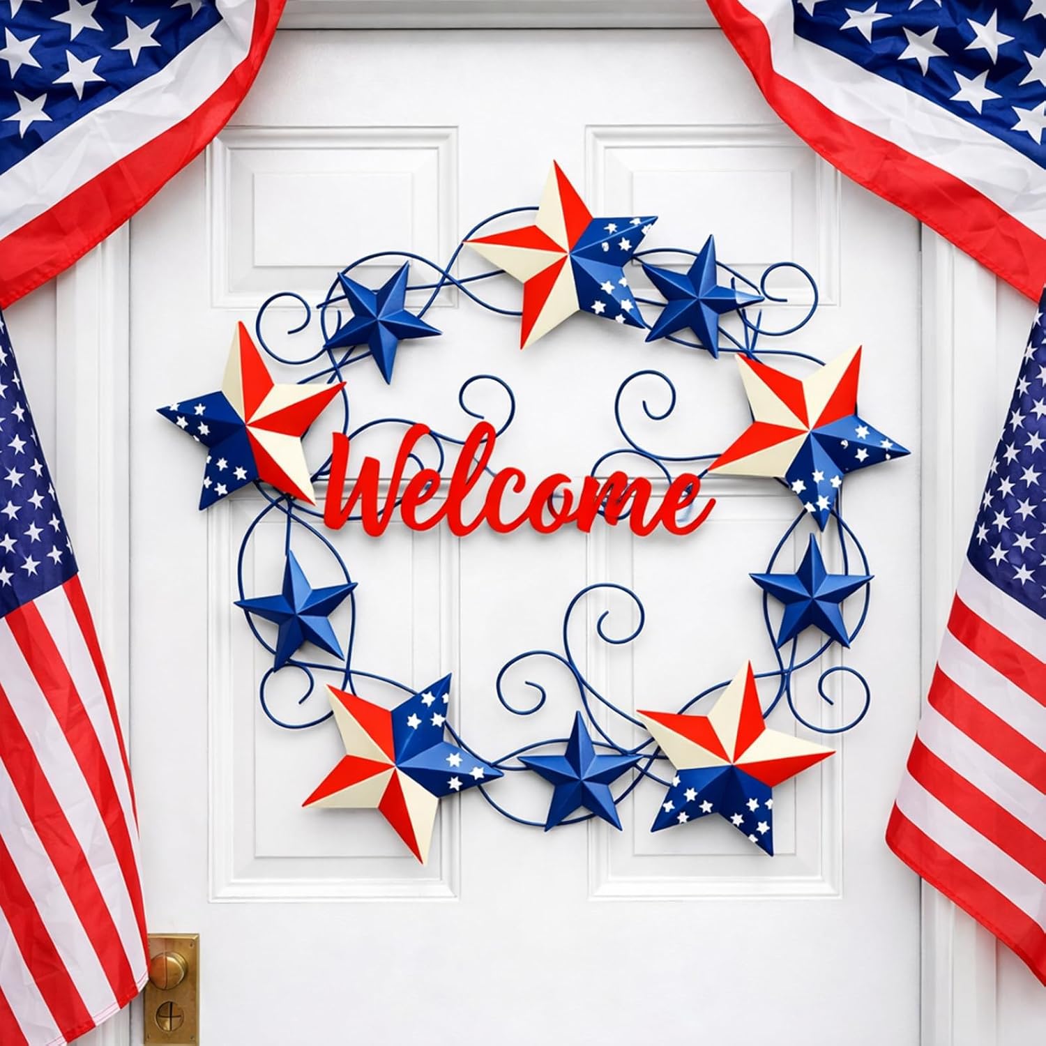 MorningRo Metal Patriotic American Flag Wreath for Front Door Vintage Red White Blue American Flag 4th of July Wall Art Sign Rustic 250 Anniversary Independence Day Hanging Plaque for Porch Outdoor