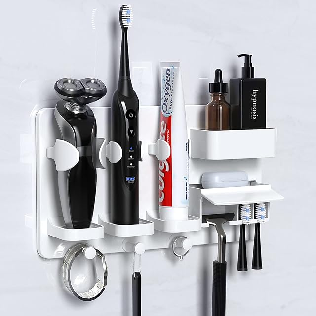 Rywell Multifunctional Toothbrush Holder, Adhesive Wall Mounted Electric Toothbrush Organizer with Razor Hanger/Toothbrush Slots and Hooks for Shower/Bathroom Storage - White