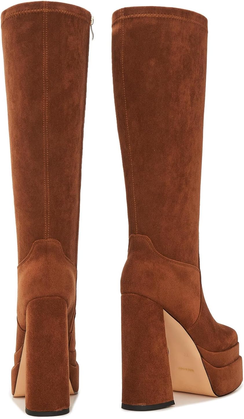 ZXHYZLZ Women's Wide Calf Knee High Suede Platform Boots – Chunky High Heel Stretch Pull-On Tall Boots for Plus Size Legs