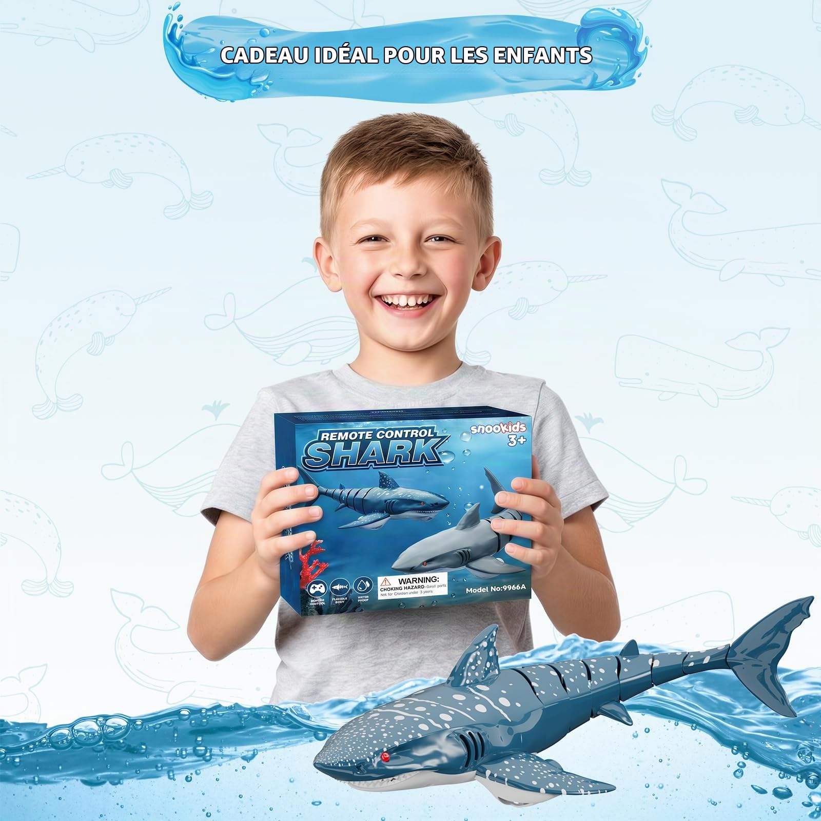 snookids Requin télécommandé pour Enfants, Jouet Requin RC 2,4 GHz, | Mouvements de queue réalistes et jeux de lumière, jouet aquatique pour la baignoire et la piscine,Cadeaux adaptés aux enfants