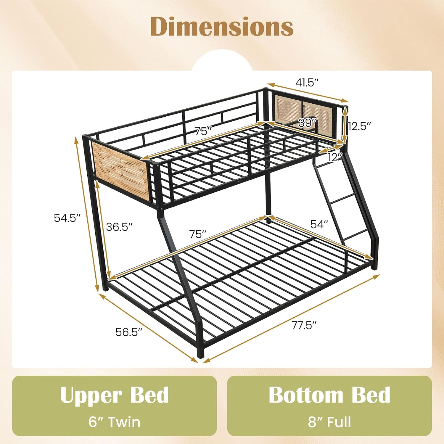 Giantex Twin Over Full Metal Bunk Bed, Boho Rattan Floor Bunkbeds with Ladder & Full-length Guardrails, Heavy Duty Metal Slats Support Bed Frame for Teens, Adults, Guests, No Box Spring Needed (Black)