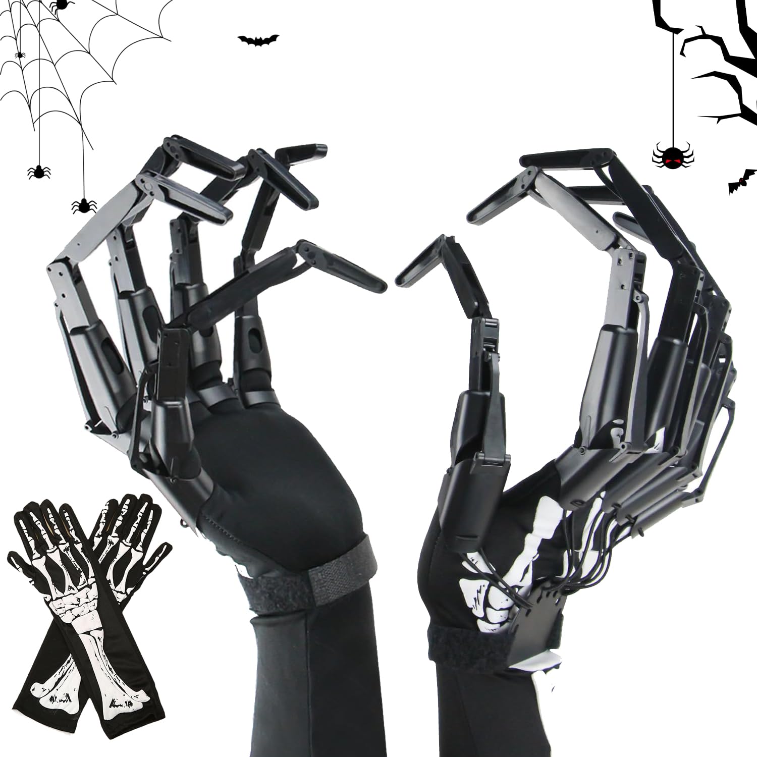 1 paio di dita articolate nere di Halloween, indossabili per dita articulate, con teschio e ditate, per tutte le dita e regolabili, per feste di Halloween, costume cosplay