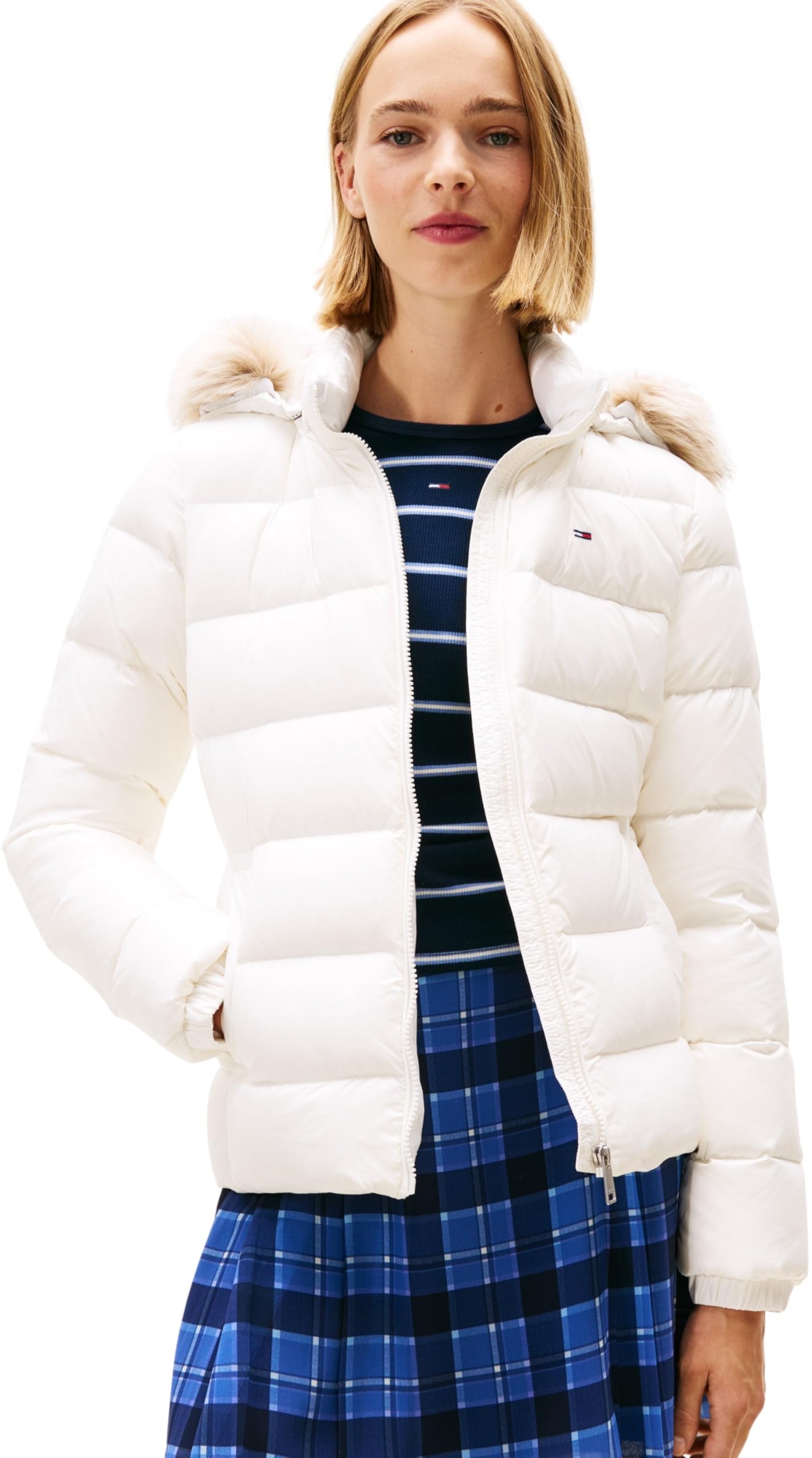 Tommy Jeans Women's Basic Hooded Down Puffer Jacket, White (Ecru), XS