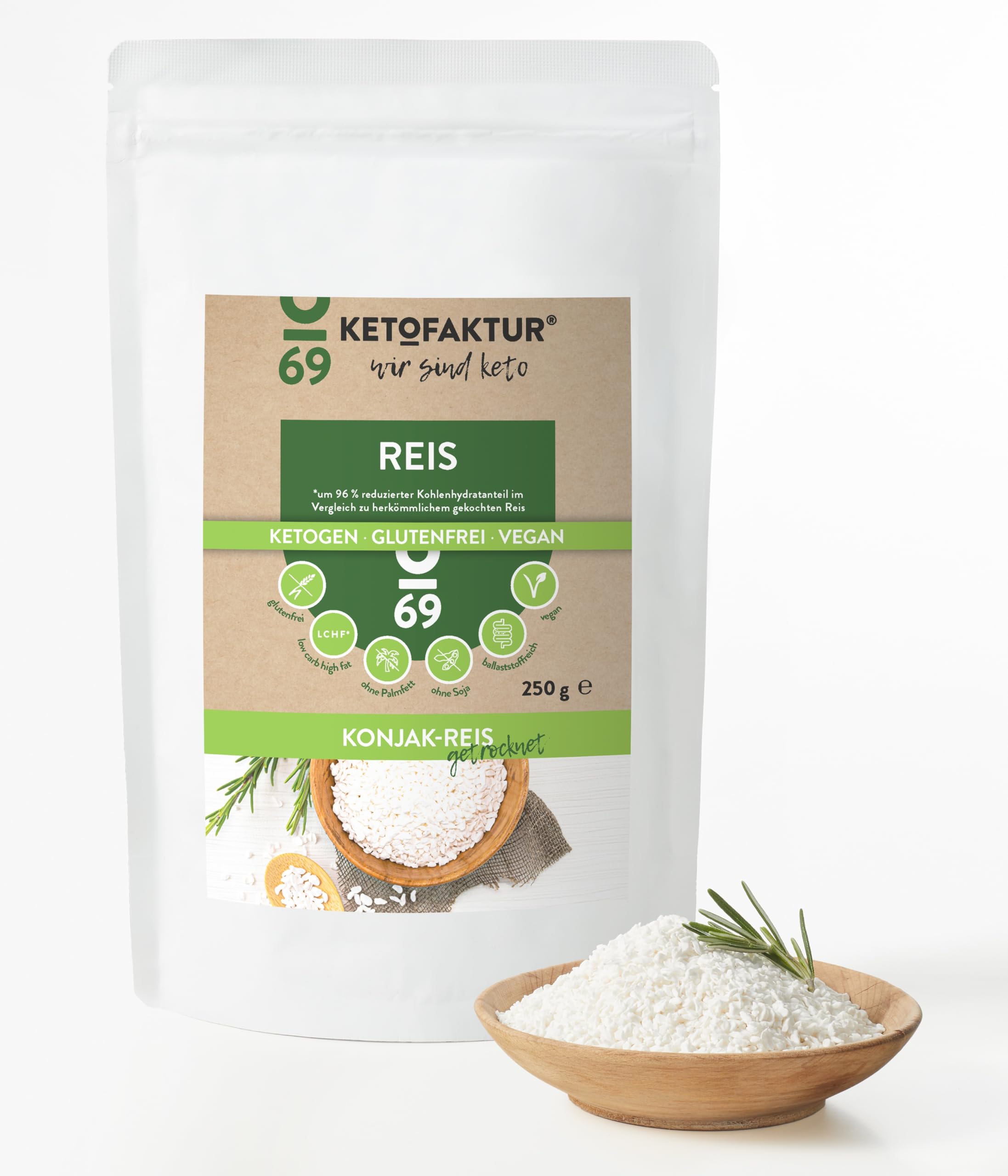 Konjak-Reis getrocknet No69 - Keto & Low Carb Shirataki Reis - Konjac Rice ohne Zusatzstoffe, glutenfrei, vegan, ballaststoffreich - auch als Milchreis oder Reisersatz - 5er Pack (insg. ca. 1250g)