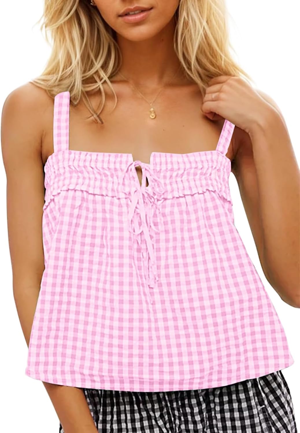 Cotton Gingham Tank Tops Cute Plaid Tie Front Tank Tops for Women Checkered Tanks Top Summer Y2k Going Out Top Pink S