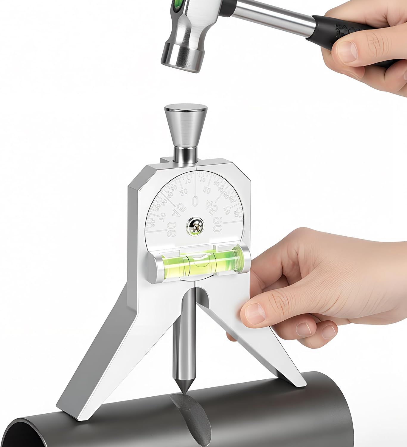 Pipe Center Finder, Stainless Steel Pipefitter Tools with Centering Head, Center Finder Tool with 4" Y-Type Base & Adjustable Dial Bubble Protractor, Measure Pipe Diameter Over 0.5" and Up