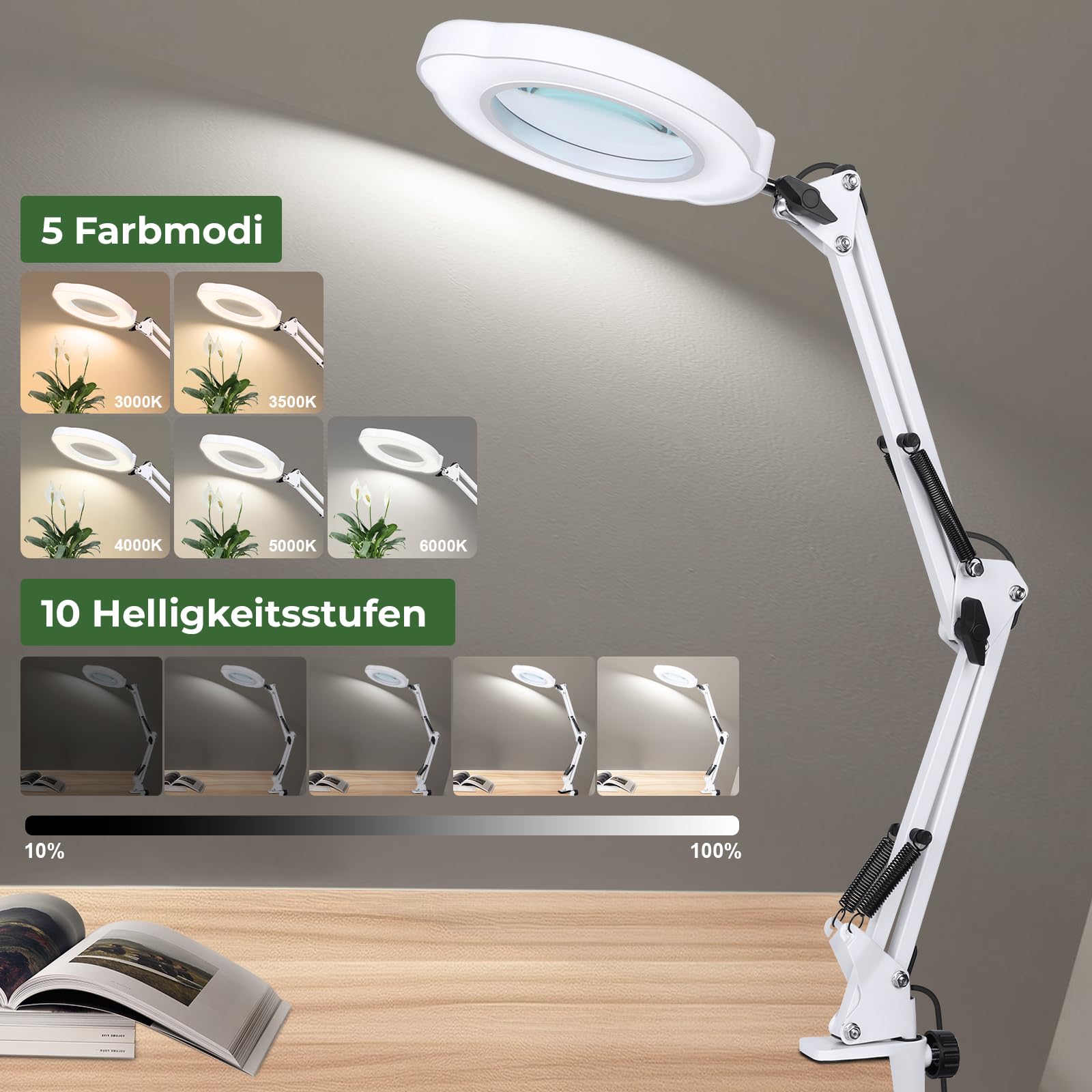10X Lupe mit Licht und Ständer LED Lupenleuchte, Stufenlos Dimmbar, Weiß