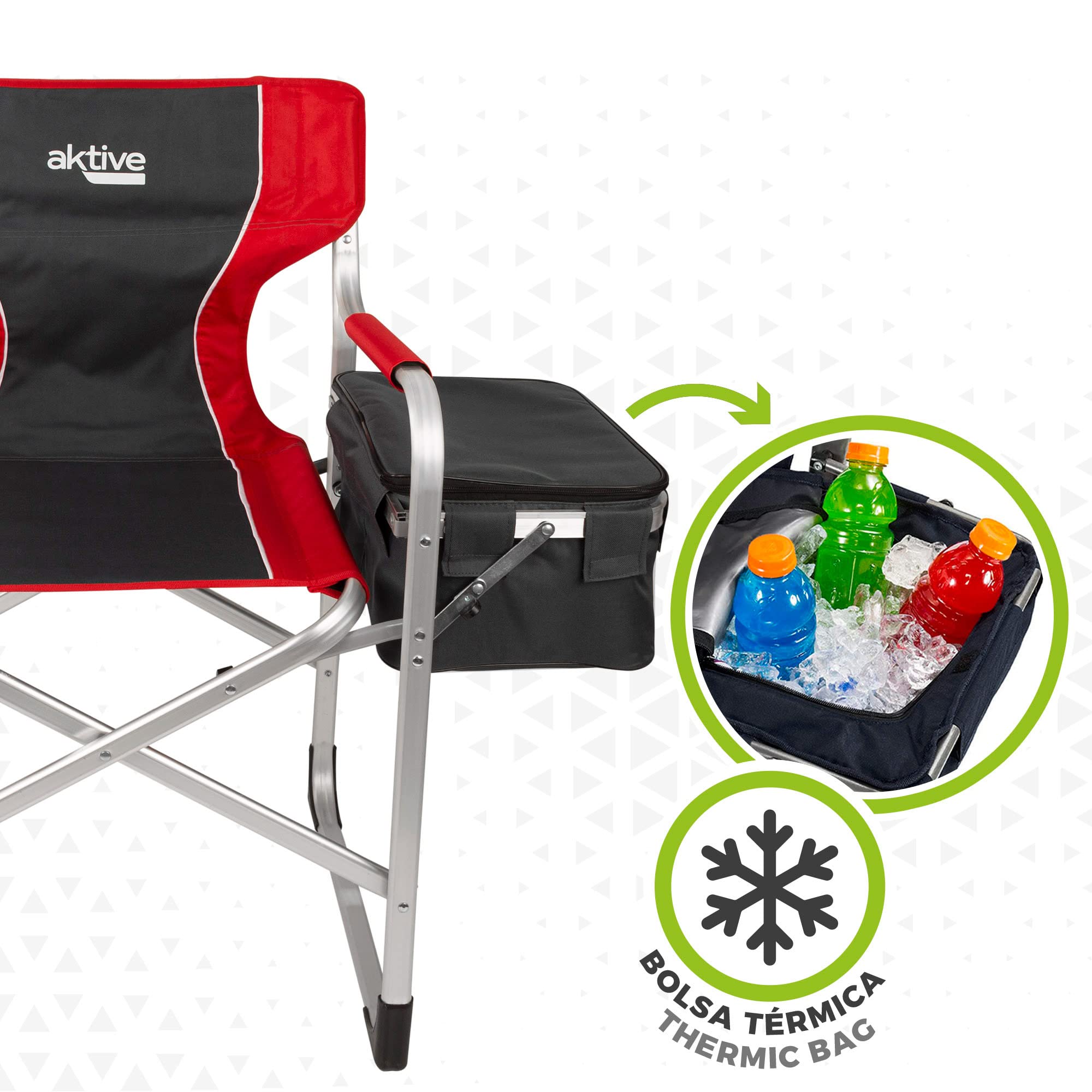 AKTIVE 63000 - Silla Plegable Camping portátil con Soporte ara Botellas y Bolsa térmica, Silla Camping Plegable 61x48x92,5cm, Resistente y Ligera, Silla Director Plegable antivuelco