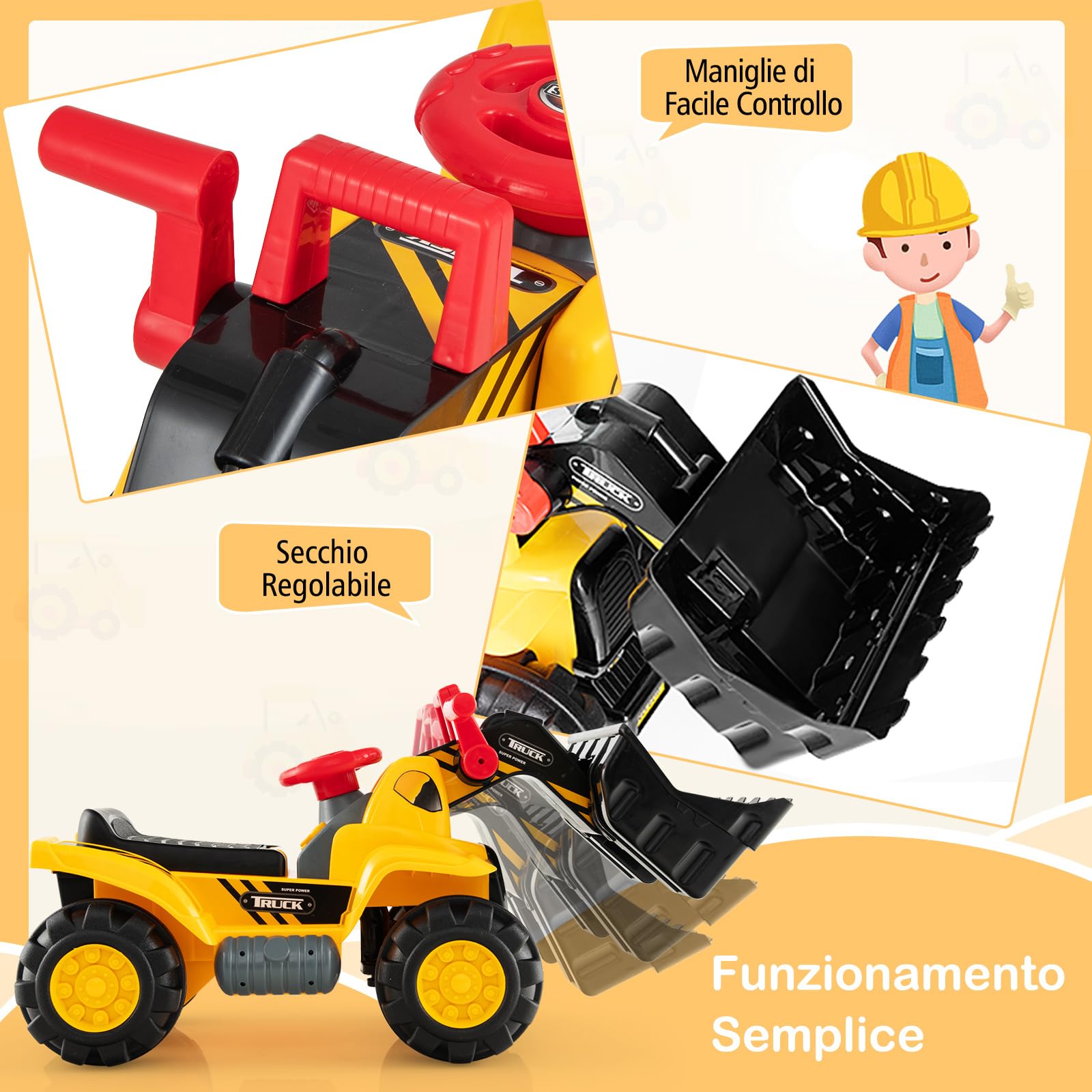COSTWAY Escavatore Giocattolo Cavalcabile, Ruspa Elettrica Multifunzione con Suoni Realistici, Funzione Avanti e Dietro, Regalo per Bambini 3 Anni +, 85x45x30 cm (Stile 1)