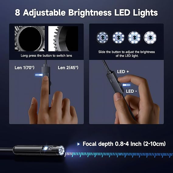 Elecshion [Dual-Lens] Endoscope Camera with Light, 1920P HD Borescope with 8+1 Adjustable LED Lights, IP67 Waterproof 16.5FT Semi-Rigid Snake Cord Inspection Camera for iPhone, iPad and Android