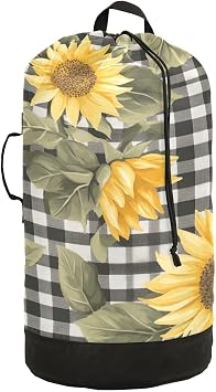 Black Plaid Yellow Sunflower Laundry Backpack Bag with Adjustable Shoulder Straps Handle Dirty Laundry Hamper Bag for Traveling Camp College Dorm Heavy Duty Waterproof Large Capacity